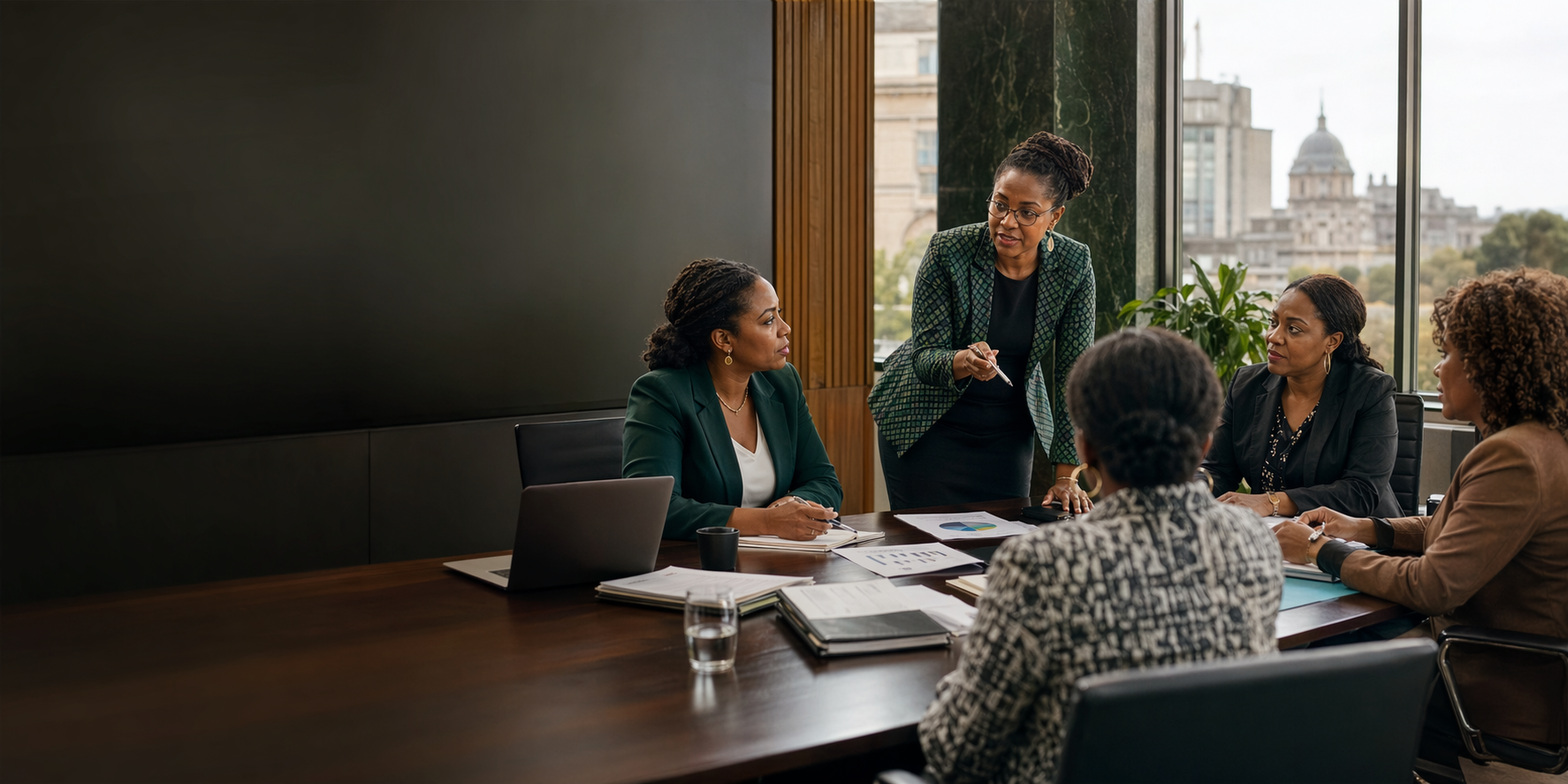 Women leaders in a boardroom discussion about economic policy decisions.